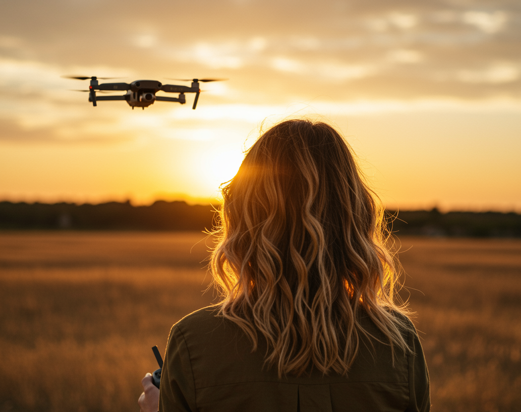 Drone en vol au coucher du soleil
